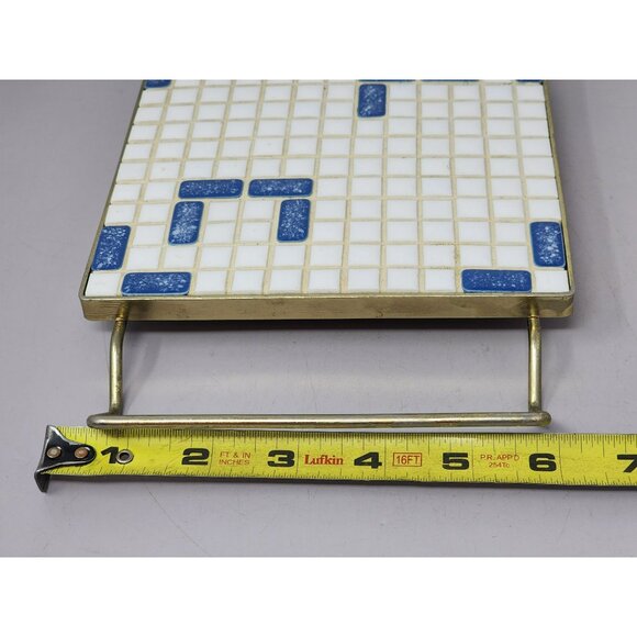 Vintage Mosaic Tile‎ Hot Plate Trivets With Brass Handles 2 White & Blue Design - Picture 9 of 11